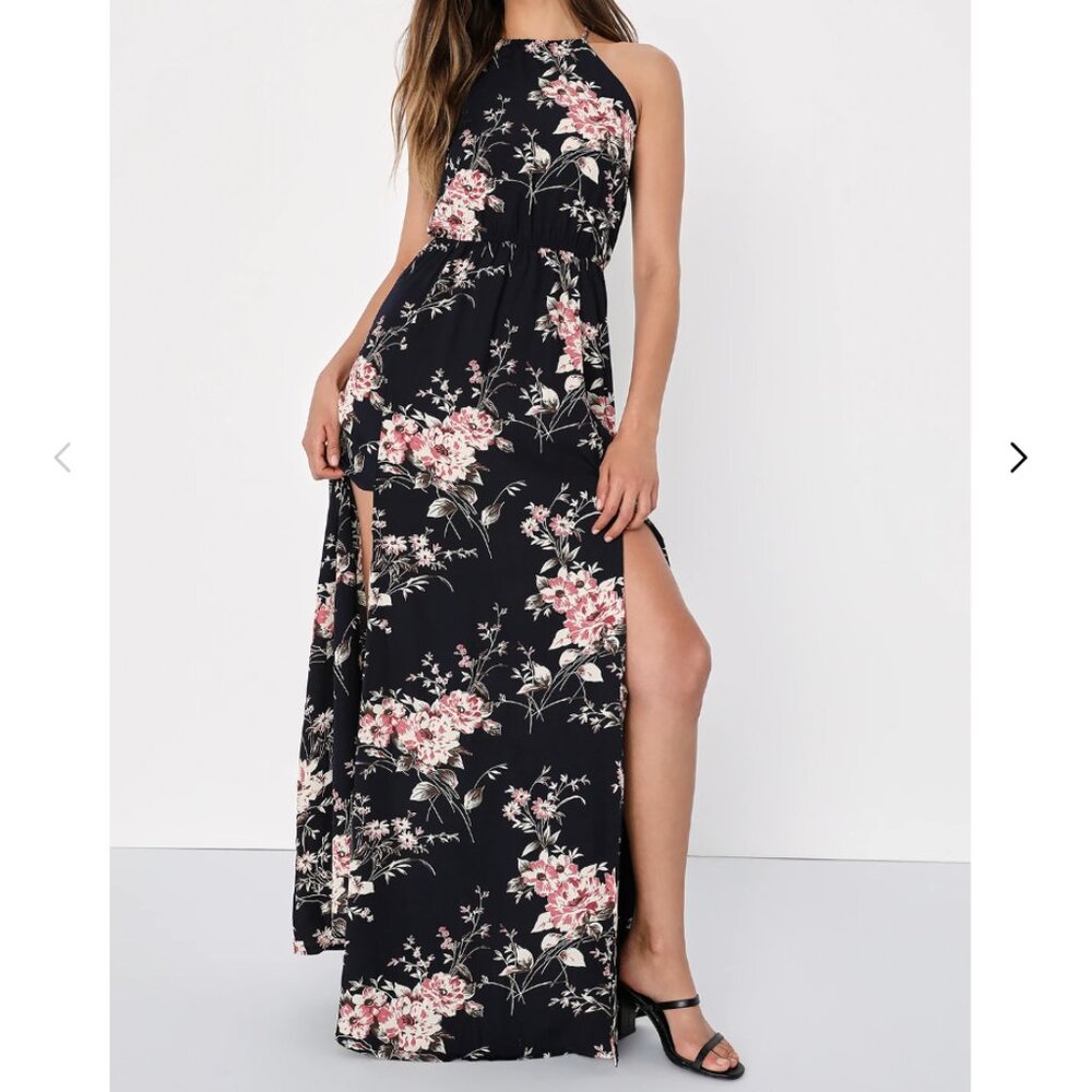 Lulus Feel the Music Midnight Blue Floral Print Maxi Dress